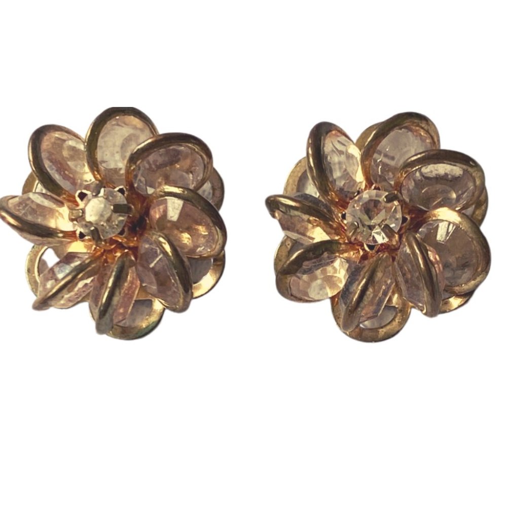 Vintage Gold Rimmed Crystal Cluster Earrings In Box